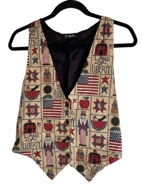 Vintage 111 MAIN Americana Patriotic Vest - "Land of Liberty" Folk Art Print